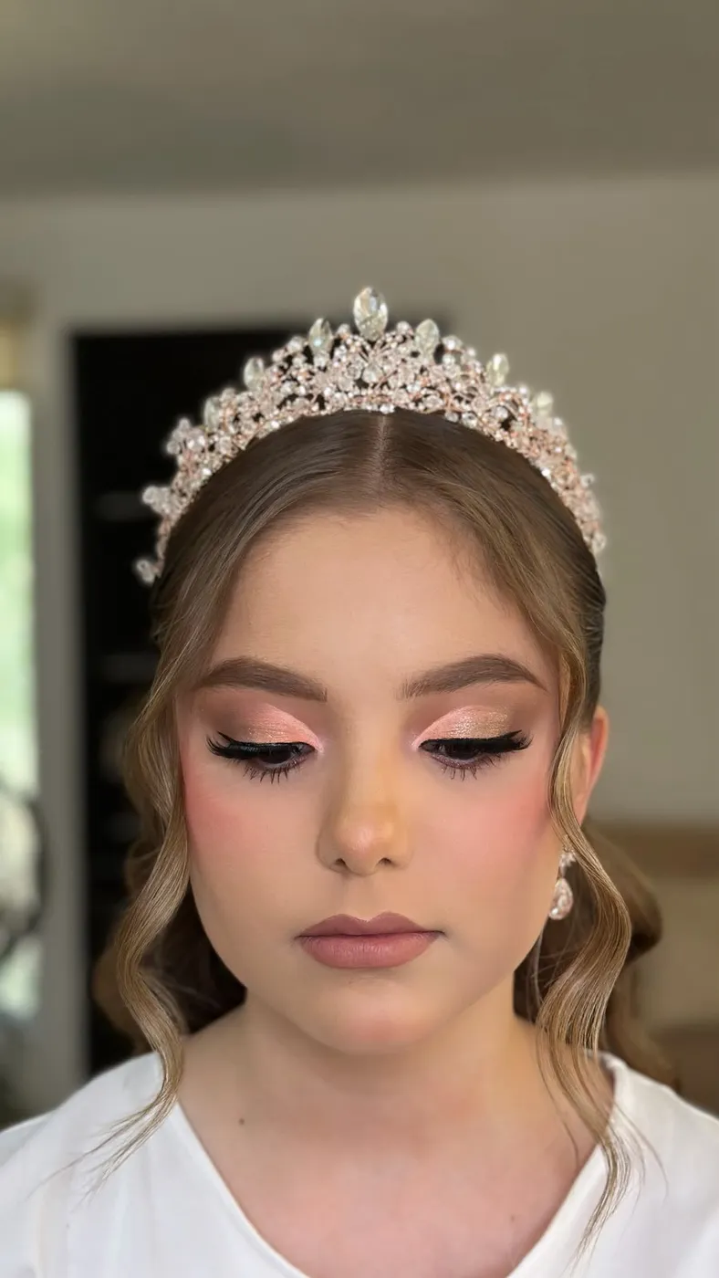 Quinceañera con corona de cristales y maquillaje en tonos rosa y dorado